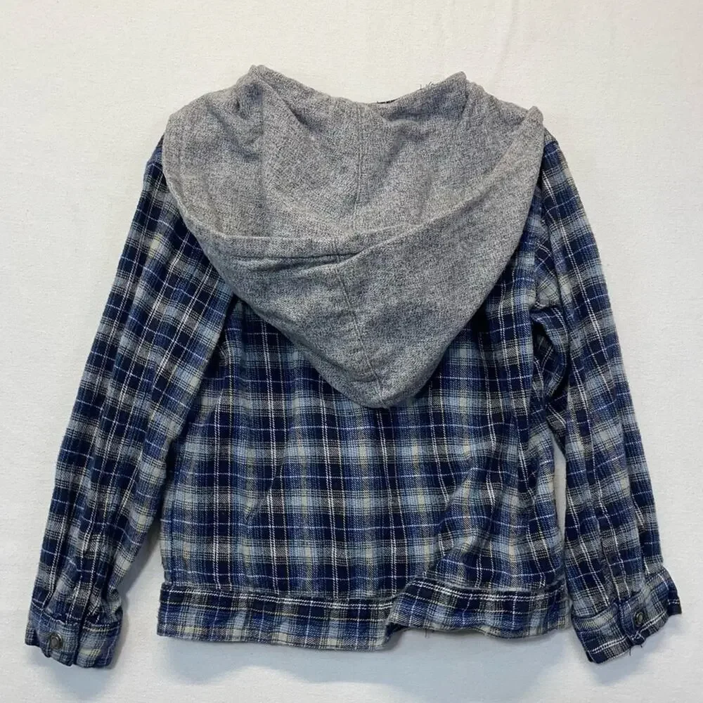 Girls Plaid Flannel Hoodie Jacket Size 6 Blue Gray Full Zip Hooded Shirt Jacket